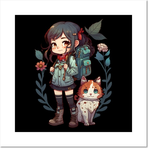 Girl & Cat Kawaii Anime Floral Cat Lover Wall Art by Ai Wanderer